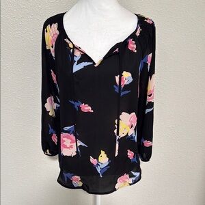 Elle Black Colorful Floral Tie Front Blouse Size M